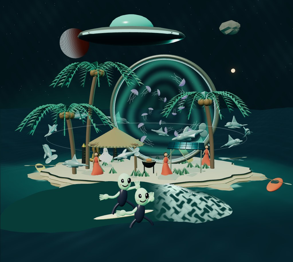 An imagined San Diego coast with a surf shelter, palms, dolphins and a galactic sky